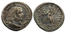 CONSTANTIUS I (Caesar, 293-305). Silvered follis. Alexandria.
Obv: FL VAL CONSTANTIVS NOB CAES.
Laureate head right.
Rev: GENIO POPVLI ROMANI / ALЄ...