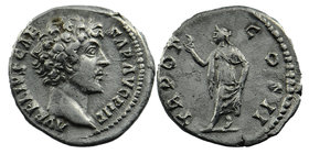 Marcus Aurelius, as Caesar, AR Denarius. Rome, AD 145(-147?).
 Bare head right 
 Rev: Spes advancing left, holding flower and raising skirt.
 RIC 4...