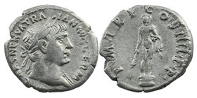 TRAJAN (98-117). Denarius. Rome.
IMP CAES NERVA TRAIAN AVG GERM.
Laureate bust right, slight drapery on far shoulder.
Rev: P M TR P COS IIII P P.
...