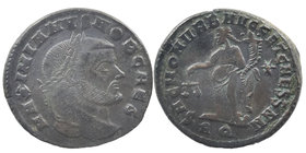 Galerius. As Caesar, A.D. 293-305. AE follis 
laureate head right 
Moneta standing left, holding scales and cornucopia; AQ in exergue. 
RIC 30b.
9...