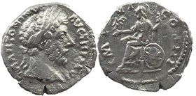 Marcus Aurelius AR Denarius. Rome, AD 172. 
Laureate head right.
Roma seated left, holding Victory and spear; shield at side decorated with facing h...