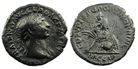 Trajan, AD 98-117. Denarius Rome, AD 108. 
Laureate head of Trajan facing r. 
Rev: Dacian, wearing peaked cap, seated l. on pile of arms, mourning; ...