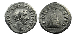 Divus Antoninus Pius (+ 161 AD). AR Denarius
struck by Marcus Aurelius, 161.
bare head to right.
funeral building of four storeys, decorated with g...