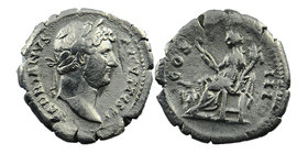 HADRIAN (117-138). Denarius. Rome.
HADRIANVS AVGVSTVS P P.
Laureate head right.
Rev: COS III.
Annona seated left, holding patera and cornucopia; m...