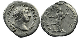 Hadrian. AD 117-138.
AR Denarius.
Laureate bust right, slight drapery on far shoulder. 
Fortuna standing left with rudder and cornucopia, leaning o...