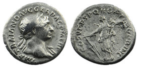 Trajan, 98-117. Denarius. Rome.
Laureate head right.
Pietas standing left, raising both hands; altar to left.
RIC 257
2,94 gr. 18 mm
