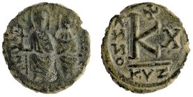 Justin II, with Sophia. 565-578. AE Half Follis
Cyzicus mint. Dated RY 10 (574/5 AD).
Justin and Sophia, both nimbate, enthroned facing; Justin hold...