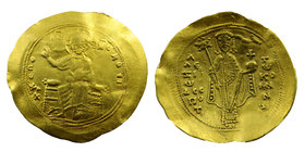 Alexius I Comnenus AV Hyperpyron. Constantinople, AD 1092-1118. 
+KЄ ROHΘЄI, Christ enthroned facing, holding Gospels and blessing; IC-XC across fiel...