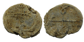 Byzantine Seals. 6/7. century
Eagle with open wings between which is a cruciform monogram (type IX). Wreath border.
Rev: Cruciform monogram. Wreath ...