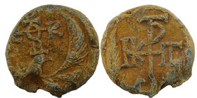 Byzantine Seals 6/7. century
Eagle with open wings between which is a cruciform monogram (type IX). Wreath border.
Rev: Cruciform monogram. Wreath b...