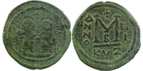 Justinus II (565-578) - AE Follis .Cyzicus
Emperor with gl.cr. and empress Sophia, also with gl.cr., both enthroned, Christogram above / ANNO 
15,62...