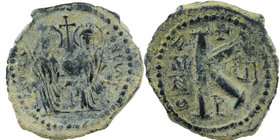 Justin II, with Sophia. 565-578. AE Half Follis
Justin and Sophia, both nimbate, enthroned facing; 
Justin holding globus cruciger and Sophia holdin...