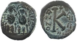 Justin II with Sophia, 565 - 578 AD Nikomedia. Half Follis
Justin on left and Sophia on right, seated facing on double throne, Justin holds a globus ...