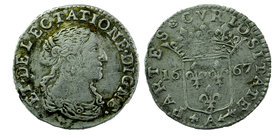 MONACO. Louis I (1662-1701). Luigino or 1/12 Écu (1667-A
Draped bust of Anna Maria Luisa d'Orléans right.
Crowned coat-of-arms.
Cammarano 282.
1,8...