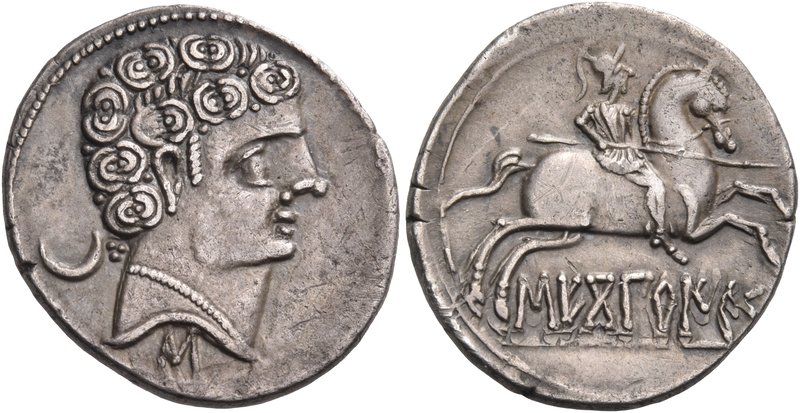 SPAIN. Sekobirikes. Circa 130-72 BC. Denarius (Silver, 21 mm, 3.75 g, 6 h). Youn...