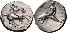 CALABRIA. Tarentum. Circa 302-280 BC. Didrachm or nomos (Silver, 20 mm, 7.90 g, 8 h), Si..., Deinokrates. Nude rider on horse prancing to right, holdi...