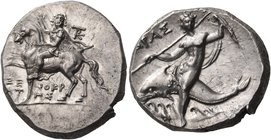 CALABRIA. Tarentum. Circa 240-228 BC. Didrachm or nomos (Silver, 19 mm, 6.56 g, 4 h), Xenokrates. ΞΕ-ΝΟΚΡ / ΑΤ-ΗΣ Armored cavalryman, riding horse mov...