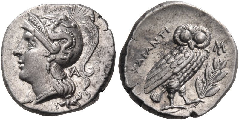 CALABRIA. Tarentum. Circa 240-228 BC. Drachm (Silver, 16 mm, 3.27 g, 3 h). Head ...
