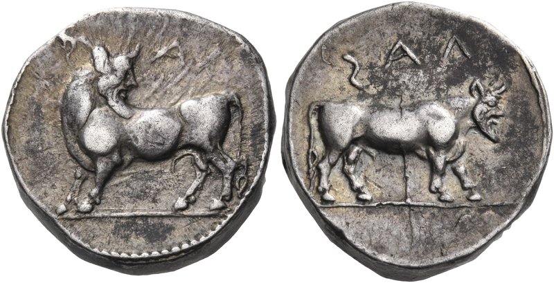 LUCANIA. Laos. Circa 480-460 BC. Stater (Silver, 17 mm, 8.11 g, 4 h). ϟΑΛ Man-he...