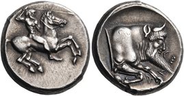 SICILY. Gela. Circa 490/85-480/75 BC. Didrachm (Silver, 19.5 mm, 8.62 g). Bearded horseman, nude, riding to right, brandishing spear in his upraised r...