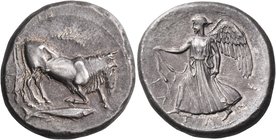SICILY. Katane. Circa 461-450 BC. Tetradrachm (Silver, 28 mm, 17.30 g, 6 h). The river god Amenanos, portrayed as a bearded man-headed bull swimming t...