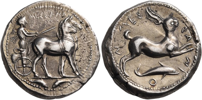 SICILY. Messana. 420-413 BC. Tetradrachm (Silver, 25 mm, 17.28 g, 12 h). ΜΕΣΣΑΝΑ...