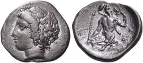 SICILY. Naxos. Circa 420-403 BC. Hemidrachm (Silver, 14 mm, 1.96 g, 6 h). Head of youthful Dionysos to left, wearing ivy wreath. Rev. [ΝΑΞΙ - ΟΝ] lege...