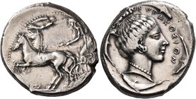 SICILY. Syracuse. Second Democracy, Circa 466-405 BC. Tetradrachm (Silver, 26 mm, 17.45 g, 6 h), c. 440 BC. Male charioteer, wearing a long chiton and...