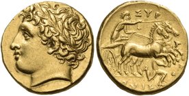 SICILY. Syracuse. Agathokles, 317-289 BC. Dekadrachm (Gold, 15 mm, 4.32 g, 2 h), c. 317-310. Laureate head of Apollo to left. Rev. ΣΥΡ - Α - ΚΟ - ΣΙΩΝ...