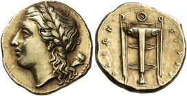 SICILY. Syracuse. Agathokles, 317-289 BC. 25 Litrai (Electrum, 15.5 mm, 3.68 g, 6 h), circa 310-305. Laureate head of Apollo to left; behind head, Cor...