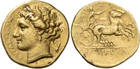 SICILY. Syracuse. Hiketas II, 287-278 BC. Dekadrachm (Gold, 17 mm, 4.29 g, 3 h), struck circa 278, signed two times by The.... ΣΥΡΑΚΟΣΙΩΝ Head of Pers...