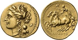 SICILY. Syracuse. Hieron II, 275-215 BC. Hemistater or Dekadrachm (Gold, 17 mm, 4.24 g, 2 h), circa 217-215. Head of Persephone to left, wearing grain...