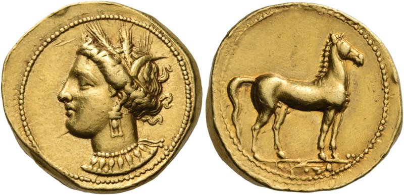 CARTHAGE. Circa 350-320 BC. Stater (Gold, 20 mm, 9.42 g, 10 h). Head of Tanit to...