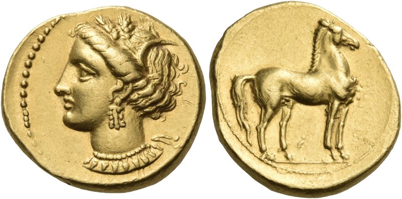 CARTHAGE. Circa 350-320 BC. Stater (Gold, 19 mm, 9.42 g, 4 h). Head of Tanit to ...