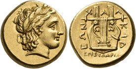 MACEDON, Chalkidian League. Circa 352-350 BC. Stater (Gold, 16 mm, 8.47 g, 6 h), Olynthos, Eudoridas. Laureate head of Apollo to right, his hair falli...