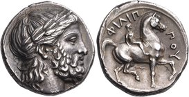 KINGS OF MACEDON. Philip II, 359-336 BC. Tetradrachm (Silver, 25 mm, 14.47 g, 2 h), Pella, 342/337-6. Laureate head of Zeus to right. Rev. ΦΙΛΙΠ - ΠΟΥ...