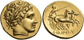 KINGS OF MACEDON. Philip II, 359-336 BC. Stater (Gold, 19 mm, 8.63 g, 4 h), struck under Philip III, Pella, 323-315. Laureate head of Apollo to right....