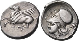 AKARNANIA. Argos Amphilochikon. Circa 360-330 BC. Stater (Silver, 20 mm, 8.50 g, 12 h). Pegasos flying to left; below, A. Rev. APΓEI Head of Athena le...
