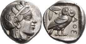 ATTICA. Athens. Circa 449-404 BC. Tetradrachm (Silver, 23.5 mm, 17.19 g, 1 h), c. 449-445. Head of Athena to right, wearing crested Attic helmet adorn...
