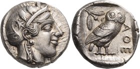 ATTICA. Athens. 440s BC. Tetradrachm (Silver, 23 mm, 17.24 g, 4 h). Head of Athena to right, wearing crested Attic helmet adorned with three olive lea...