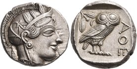 ATTICA. Athens. Circa 449-404 BC. Tetradrachm (Silver, 26 mm, 17.22 g, 9 h), 430s. Head of Athena to right, wearing crested Attic helmet adorned with ...