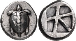ISLANDS OFF ATTICA, Aegina. Circa 480-457 BC. Stater (Silver, 22 mm, 12.40 g). Sea turtle with a T-shaped design of line of five large pellets down th...
