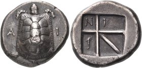 ISLANDS OFF ATTICA, Aegina. Circa 350-338 BC. Stater (Silver, 21 mm, 11.96 g). Α-Ι Tortoise seen from above. Rev. Incuse square divided by skew-patter...