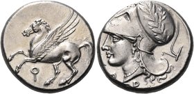 CORINTHIA. Corinth. Circa 375-300 BC. Stater (Silver, 21.5 mm, 8.59 g, 5 h), Ar... Ϙ Pegasos, with straight wings, flying to left. Rev. Α-Ρ Head of Ap...