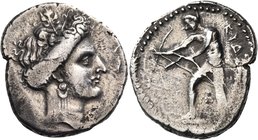 CRETE. Kydonia. Circa 320-270 BC. Stater (Silver, 25.5 mm, 11.27 g, 11 h). Head of a nymph to right, her hair rolled and tied with a vine wreath, wear...