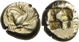 MYSIA. Lampsakos. Circa 500-450 BC. Stater (Electrum, 20.5 mm, 15.19 g), c. 480s-470s. Forepart of Pegasos to left, all within a wreath of vines with ...