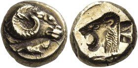 LESBOS. Mytilene. Circa 521-478 BC. Hekte (Electrum, 10 mm, 2.56 g, 6 h). Ram's head to right; below, rooster feeding to left. Rev. Lion's head with o...
