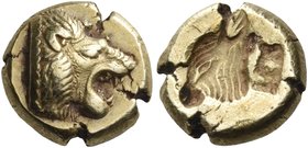 LESBOS. Mytilene. Circa 521-478 BC. Hekte (Electrum, 10 mm, 2.58 g, 11 h). Head of lion with open jaws to right; dotted truncation. Rev. Head of calf ...