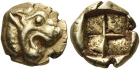 IONIA. Uncertain mint. Circa 600-550 BC. Hemihekte (Electrum, 9 mm, 1.33 g). Head of a lion to right, with open jaws. Rev. Rough quadripartite incuse ...