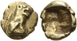 IONIA. Uncertain mint. 600-550 BC. One twenty-fourth stater (Electrum, 7 mm, 0.63 g), Phokaic standard. Lion seated to right, with open jaws. Rev. Inc...